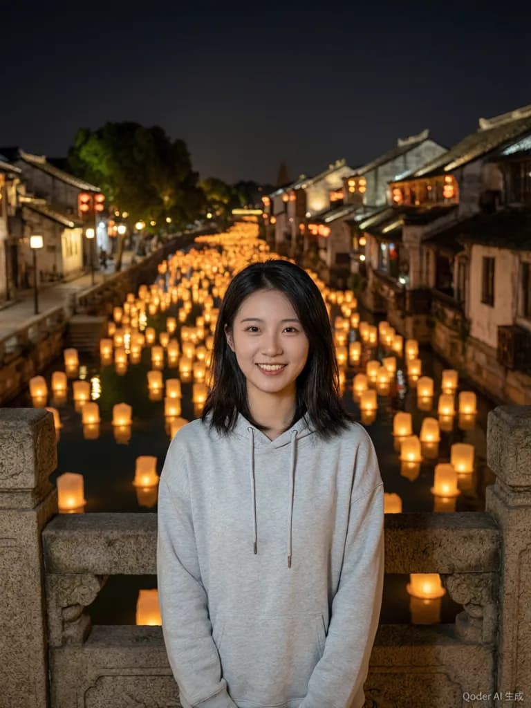 AI 合影示意效果：游客与古镇灯会夜景的合影