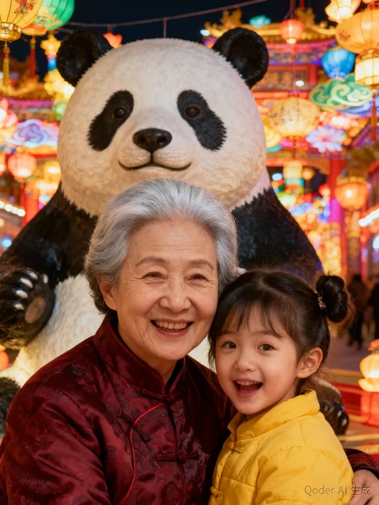 AI 合影示意：亲子与灯会场景