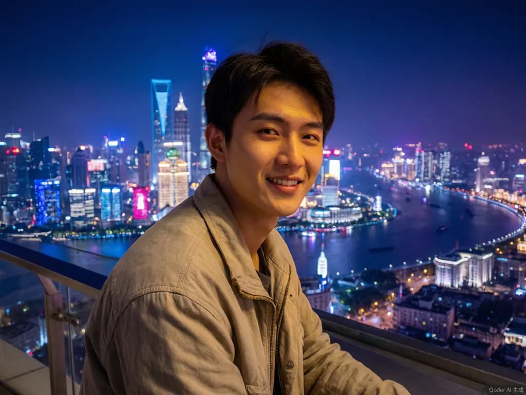 AI 合影示意：人物与都市夜景天际线