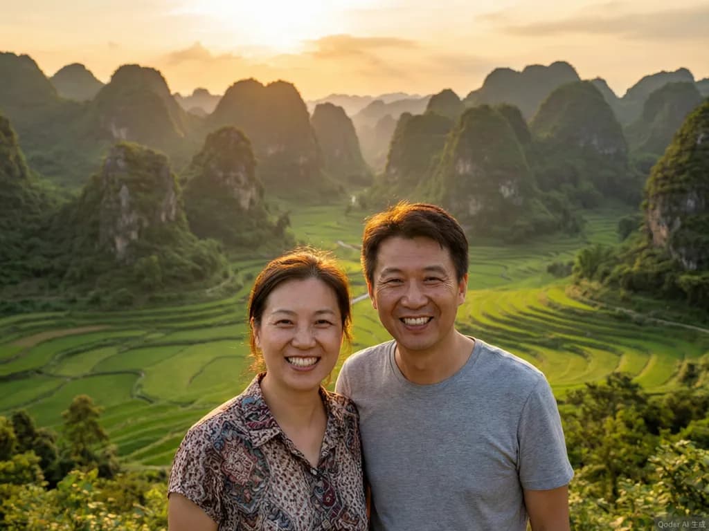 AI 合影示意：游客与山水景区
